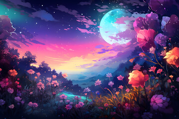 landscape with flowers, A Magical Nighttime Field of Flowers.