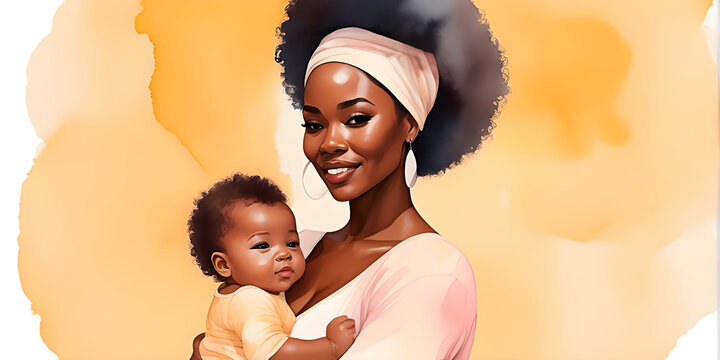 African American young mother holding her baby on yellow background in watercolor painting style.