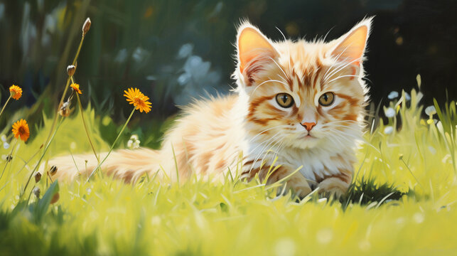 Oil painting of a cat in the grass