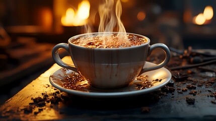 Cup of hot coffee on a wooden table in front of the fireplace