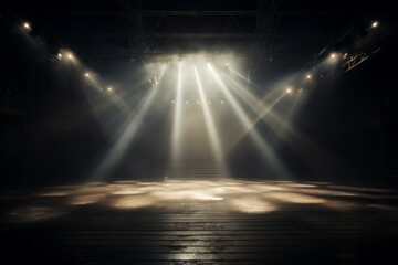 Shining spotlights and empty scene. Elegant promotion design template. Ad, theater, show,