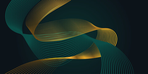 Dark green luxury abstract background with glowing golden wave. Modern green gradient flowing gold wave lines. Shiny futuristic technology concept. Vector luxury background with golden line elements