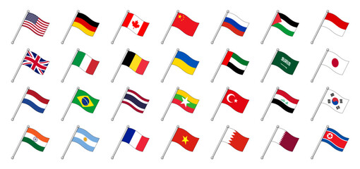 set collection of flags from several countries flying on sticks - obrazy, fototapety, plakaty
