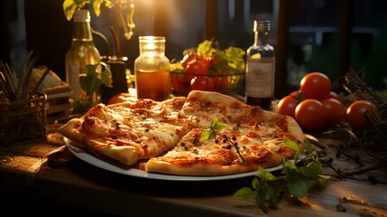 Pizza with tomato and mozzarella cheese on wooden table  - obrazy, fototapety, plakaty