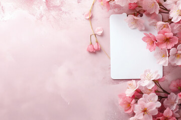 White blank sheet or flyer on the table with cherry flowers. Spring floral banner concept with free space for text.