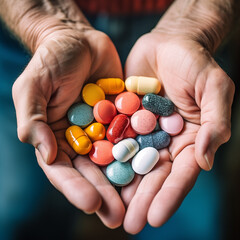 A lot of pills in the hands of an old man, top view