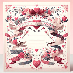  Elaborate valentine's card design with hearts, flowers, and doves in soft pastel tones.