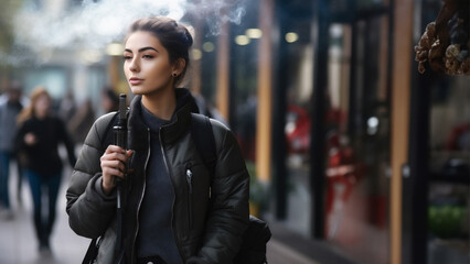 Young woman using an e-cigarette in the city. - obrazy, fototapety, plakaty