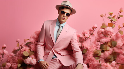 A stylish man in a business suit sits on a pink floral wall background. Spring fashion shopping banner mockup. - Powered by Adobe