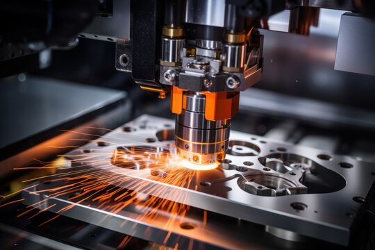 Close up of advanced precision engineered high tech metalworking laser cnc milling machine