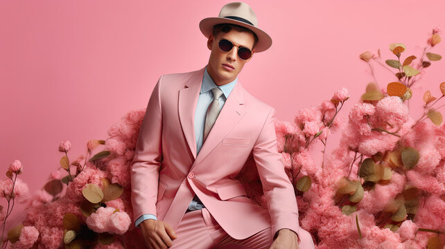 A stylish man in a business suit sits on a pink floral wall background. Spring fashion shopping banner mockup.