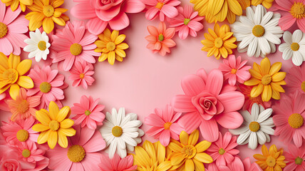 Pink simple floral background. Paper origami chrysanthemum and chamomile flowers.