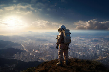 Fototapeta premium Futuristic Cityscape with Astronaut in Foreground