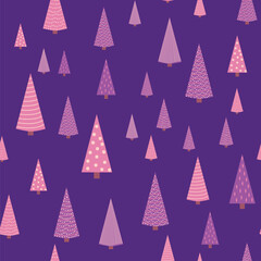 Winter purple forest scandinavian hand drawn seamless pattern. New Year, Christmas, holiday