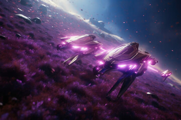 Fototapeta na wymiar Astral Rivalry: Speeding Through a Purple Universe