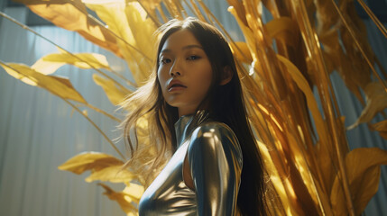 A fashion editorial photoshoot of an Asian female model in her 20s