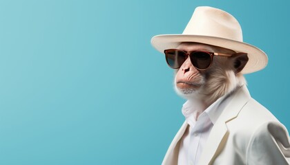 Monkey in sunglasses and hat, travel concept on pastel background with copy space for text placement