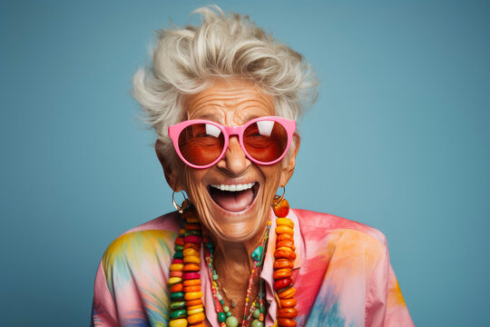 Vintage Laughter: A Grateful, Smiling Woman with Glasses
