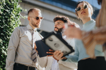 Caucasian corporate team collaborating on global business expansion, discussing market trends, sales strategy, and innovative product development in an urban outdoor setting.