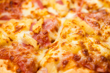 Close up of the grill pizza with ham and cheese