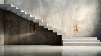  a set of white stairs leading up to the top of a cement wall in a room with a concrete floor.
