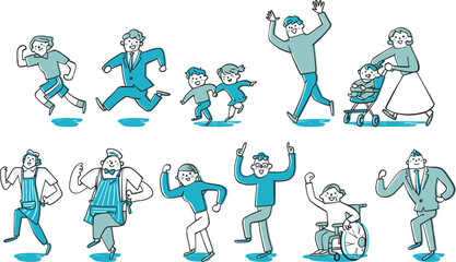 快活に走ったりスキップしたり全身する人々　セット　ブルー2色イラスト　イラスト素材
