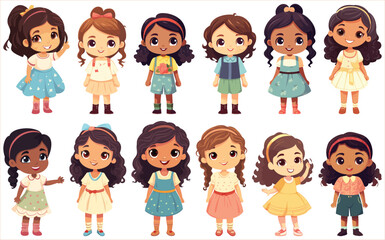 Girls standing in different action characters set,  Set of Happy girl characters, Set of elements for creating girl character