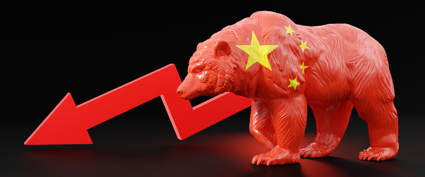 Horizontal banner of a bear with China flag on plain empty black background and red descending arrow. Background image with copy space represents China bear stock market. 3d rendering	