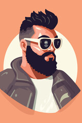 Vector illustration of a hipster man with a beard in sunglasses.