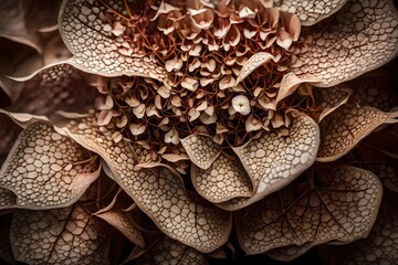 a closeup image capturing a dried hydrangea blossom, highlighting the way the petals have transformed into a stunning, papery composition.