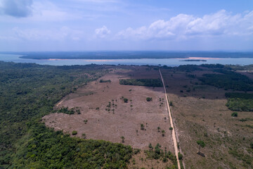 Deforestation aerial view of Amazon rainforest to open land for cattle pasture in Transamazonica...