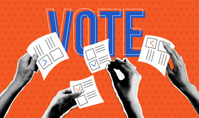 Voting concept. People's hands holding vote ballots in trendy halftone collage style. Vector dotted Cutouts magazines. 2024 president election concept, - obrazy, fototapety, plakaty