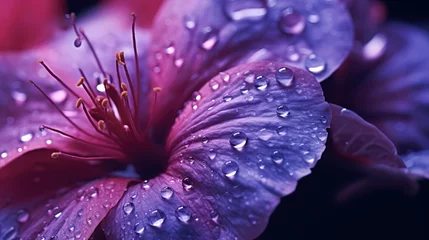 Foto op Plexiglas Macro close-up shot of purple flower petals with dewdrops. Beautiful flower with raindrops on the petal. Creative wallpaper, screensaver with charming flora.  © IndigoElf