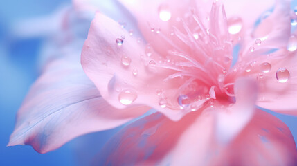Fototapeta premium Macro close-up shot of flower petals with dewdrops. Beautiful flower with raindrops on the petal. Creative wallpaper, screensaver with charming flora. 