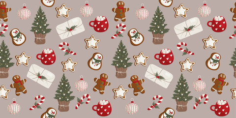 Seamless pattern. A cozy winter ornament with gingerbread, mugs, cups of tea, Christmas tree branches, snowflakes, New Year decoration. Vector graphics 