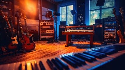 Shot of a Modern Music Record Studio Control Desk with Computer Screen show User Interface of DAW Software with Song Playing. 