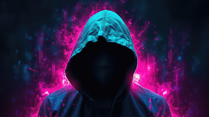 Man wearing a hood covering his face on a dark background with a colored neon glow. Creative concept of anonymity on the internet, vpn, depersonalization, hiding the identity of a hacker.  - Powered by Adobe