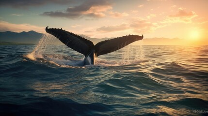 Southern Right Whale (Eubalaena australis) fluking at sunset, Valdes Peninsula, Argentina, Atlantic Ocean - obrazy, fototapety, plakaty