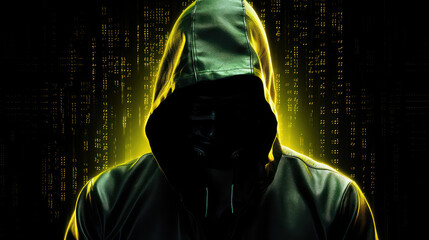 Man wearing a hood covering his face on a dark background with a colored yellow neon glow. Creative concept of anonymity on the internet, vpn, depersonalization, hiding the identity of a hacker.  - obrazy, fototapety, plakaty