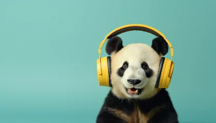 Poster Cheerful panda in headphones on pastel background with space for creative text placement © Ilja