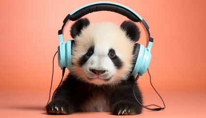 Cheerful panda in headphones on pastel background with text space for creative copy placement