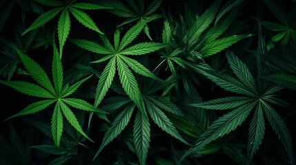 A backdrop of large cannabis leaves, arranged in a chaotic pattern - obrazy, fototapety, plakaty