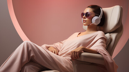 Young attractive woman relax in futuristic modern comfortable massage chair. Massage chairs for home and office, relaxation and recreation.