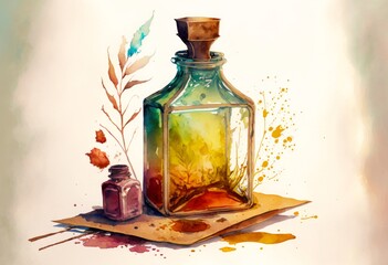 A watercolour style illustration of vintage bottles and paper. Created with Generative AI.