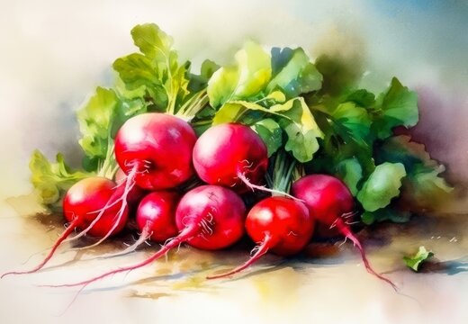 A watercolour style illustration of fresh radishes. Created with Generative AI.