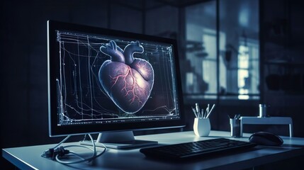 Fototapeta premium Heart model on doctor's computer in hospital or clinic. Diagnose treatment virtual human organ on modern interface screen. Healthcare medicine medical innovation technology. Patient consultation