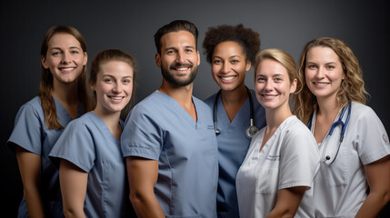 Portrait of a group of doctors and nurses wearing scrubs - Powered by Adobe