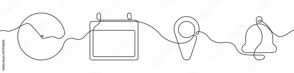 Poster clock, calendar, location marker, bell icon line continuous drawing vector. one line web icons for n