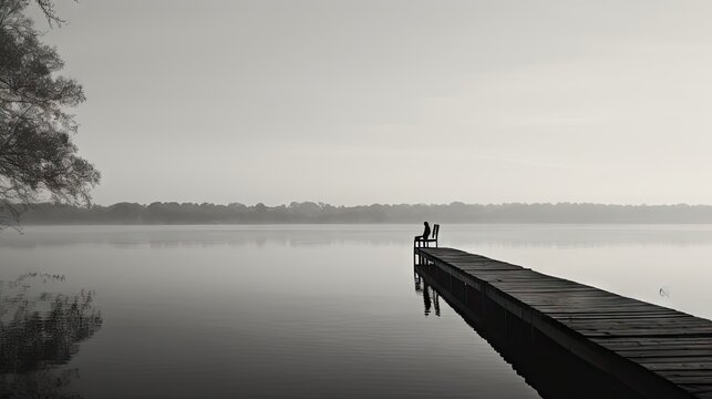  a black and white photo of a person sitting on a bench at the end of a dock on a lake.