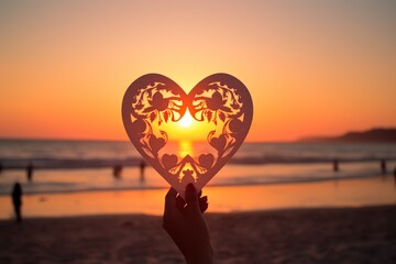 Hand holding a heart shaped paper board on a beach at sunset